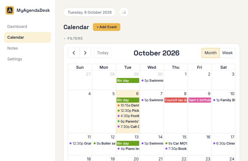 The MyAgendaDesk calendar showing a month of family events in colour-coded categories
