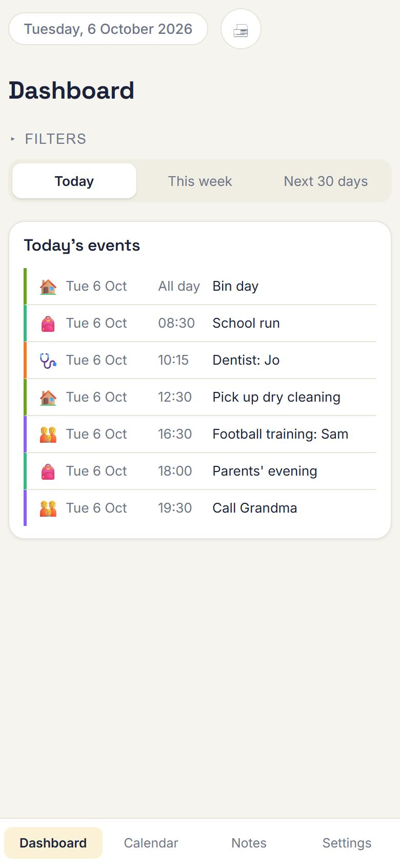 The MyAgendaDesk dashboard on a phone, listing today's events